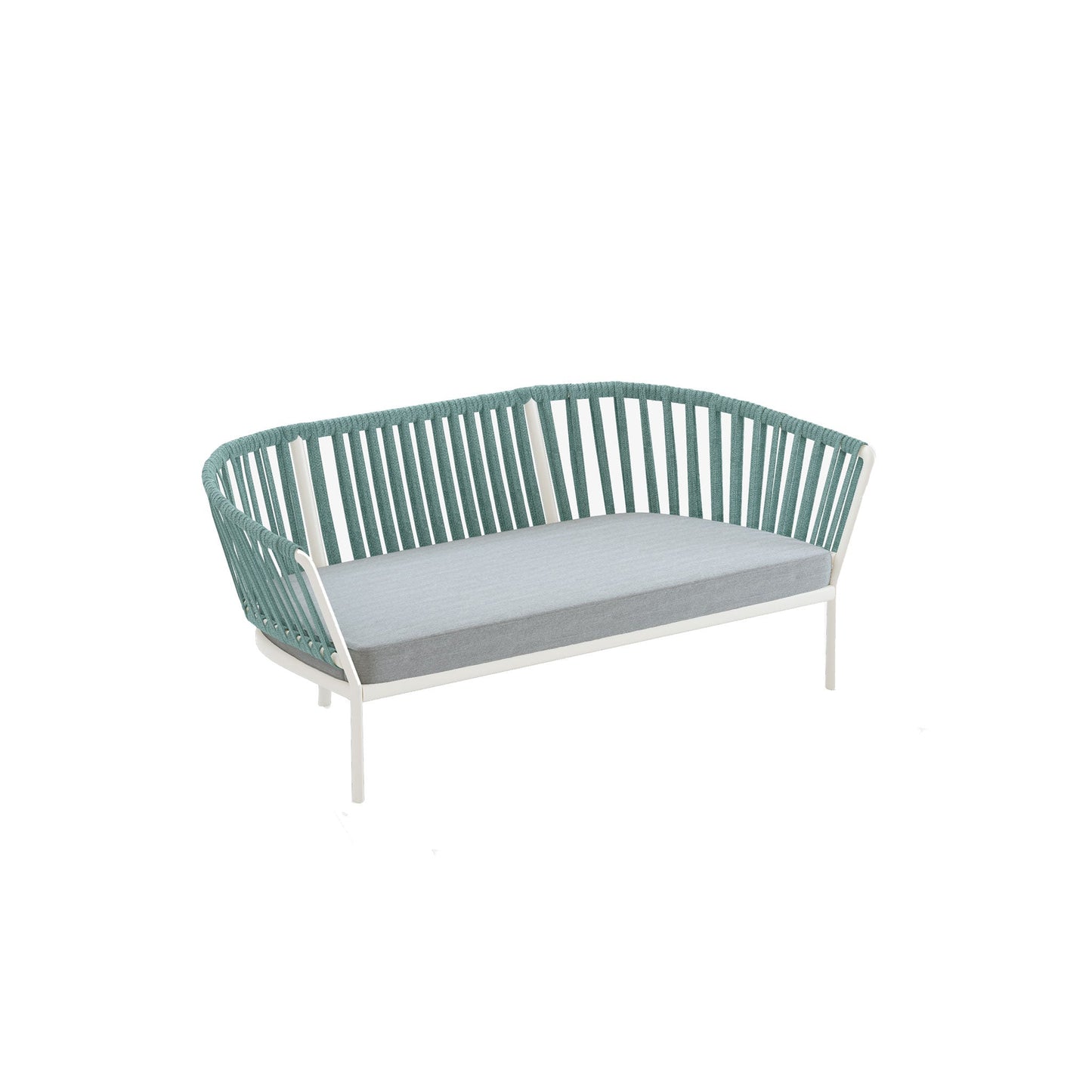 Modern outdoor sofa with green frame and gray cushion on a white background