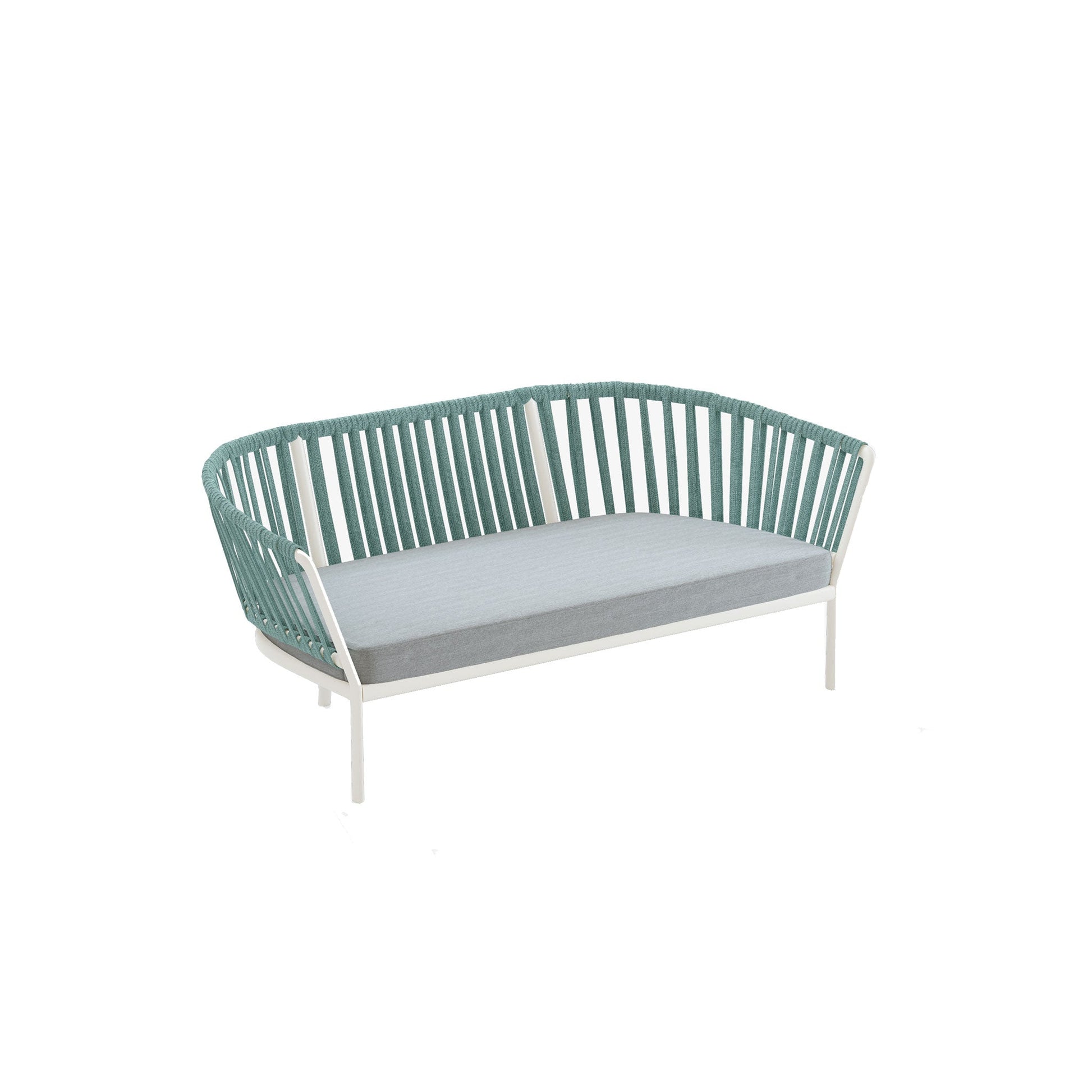 Modern outdoor sofa with green frame and gray cushion on a white background