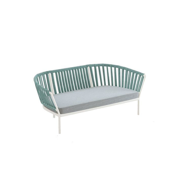 Modern outdoor sofa with green frame and gray cushion on a white background